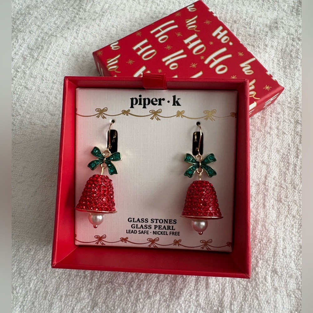 New in box hard to find PiperK Festive Red Bell Earrings with Green Bows